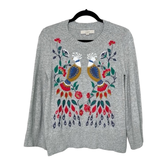 LOFT Sweaters - LOFT Embroidered Peacock Floral Gray sweater size XS